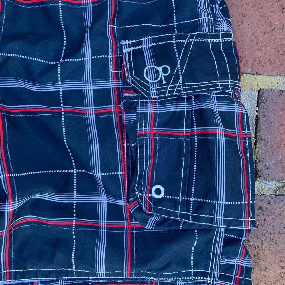OP Board Shorts Black w/ Red White & Grey Stripes Four Pockets Men's Sz 36/38